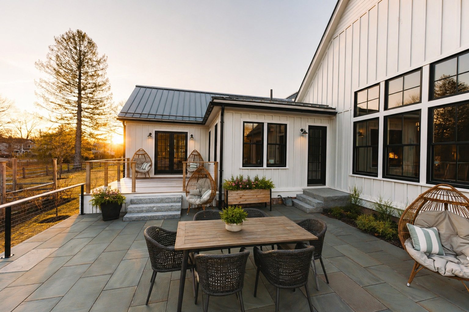 A stone terrace at sunset with a dining table and woven chairs, wrapping a white farmhouse.