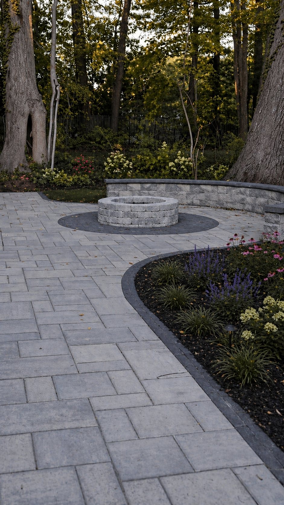 A curved paver walkway edged in dark stone leading to a circular fire pit set into a paved terrace.