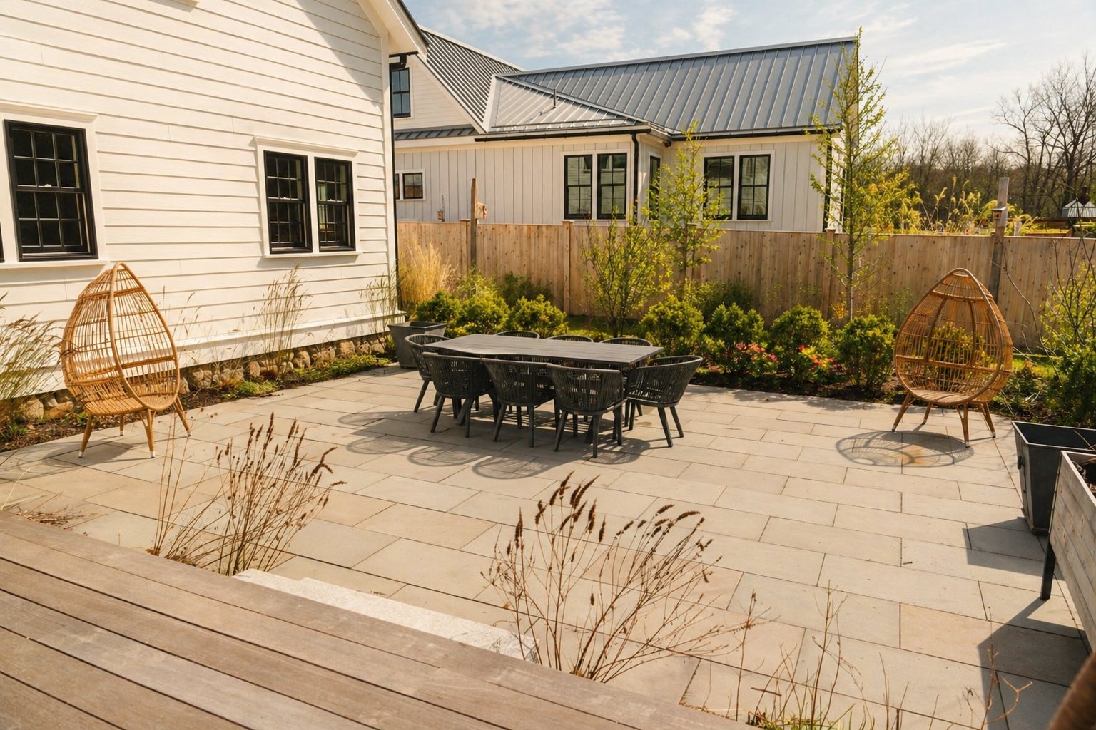 A large paver terrace with a dining set and two woven chairs, enclosed by a cedar fence and young planting.