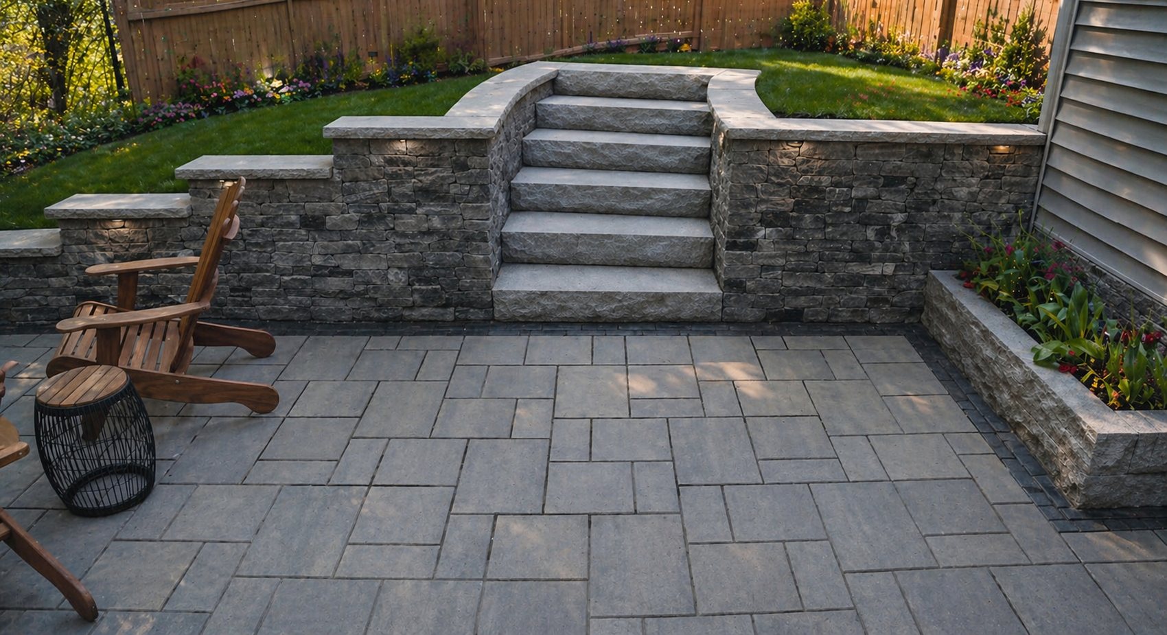 A paver patio with a curved natural stone retaining wall and a wide stone stair rising to a lawn.