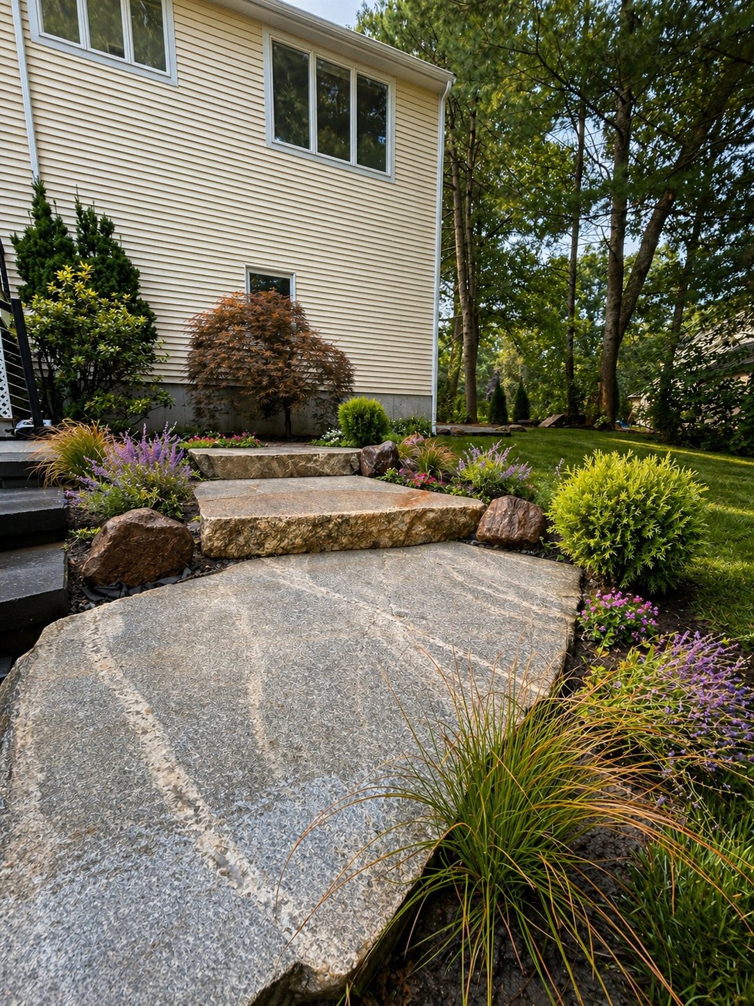 Three thick natural stone slab steps set into a planted slope, flanked by boulders and grasses.